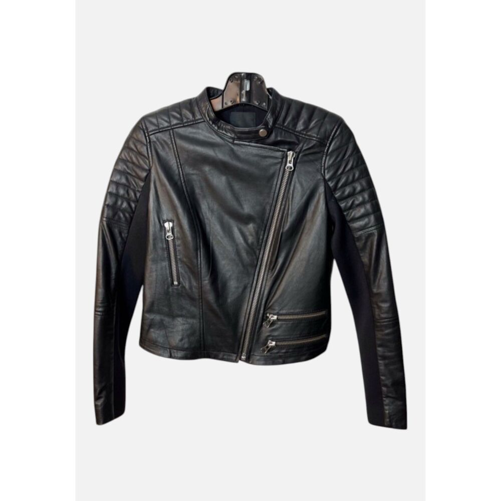 Trouvé Leather Moto Jacket Black Genuine Quilted Asymmetrical Zip Nordstrom XS